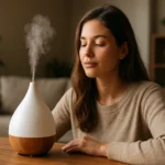 Žena používajúca difúzor na aromaterapiu v útulnom prostredí