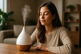 Žena používajúca difúzor na aromaterapiu v útulnom prostredí