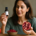 Žena s extraktom z granátového jablka a plodom granátového jablka