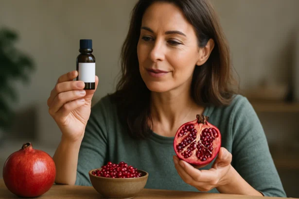Žena s extraktom z granátového jablka a plodom granátového jablka