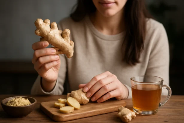 Žena drží čerstvý zázvor a pripravuje čaj z zázvoru