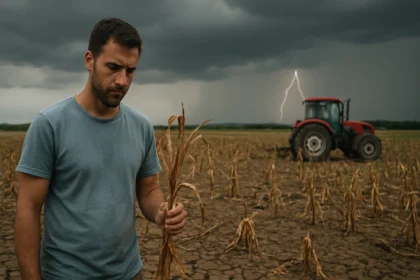 Farmár v suchom poli so spálenou kukuricou počas búrky