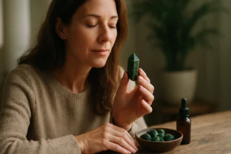 Žena s diopsidom, liečivým kameňom, v duchovnej meditácii.