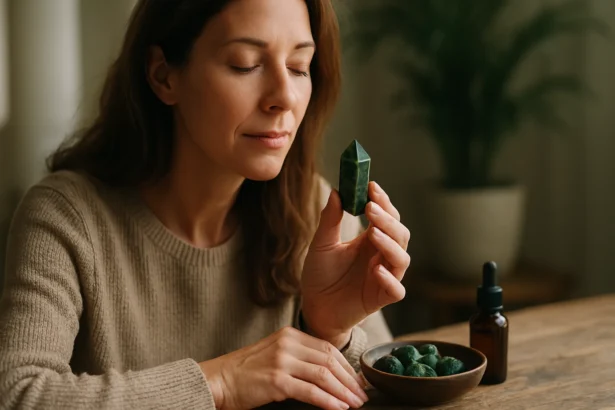 Žena s diopsidom, liečivým kameňom, v duchovnej meditácii.