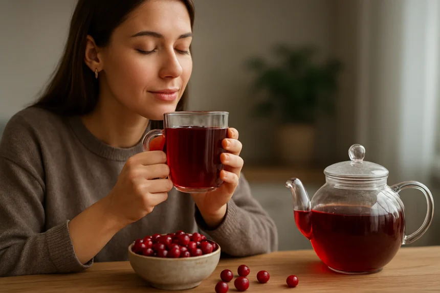 Žena si vychutnáva šálku brusnicového čaju s bobuľami