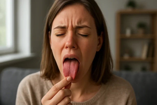 Žena skúma svoj páliaci jazyk s ťažkým výrazom