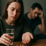 Žena premýšľa o užívaní tabletiek a muž s vypätým výrazom v pozadí.