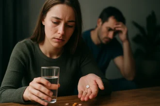 Žena premýšľa o užívaní tabletiek a muž s vypätým výrazom v pozadí.