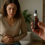 Žena pociťuje bolesť brucha a drží sa za ňu, zatiaľ čo drží Urogin kvapky.