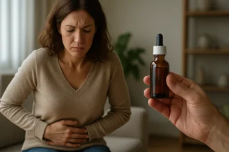 Žena pociťuje bolesť brucha a drží sa za ňu, zatiaľ čo drží Urogin kvapky.