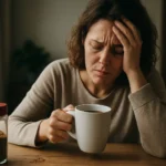Žena s hrnčekom instantnej kávy, vyzerajúca unavene a frustrované.
