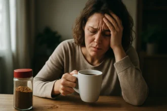 Žena s hrnčekom instantnej kávy, vyzerajúca unavene a frustrované.