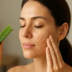 Žena nanášajúca gél z aloe vera na tvár pre žiarivú pleť.