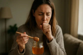 Žena s medom v ruke, kašle a drží lyžicu s medom.
