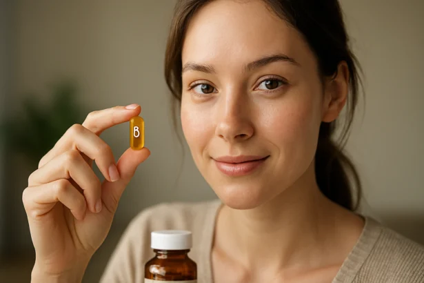 Žena ukazuje na kapsulu vitamínu B1 pre zdravú pleť