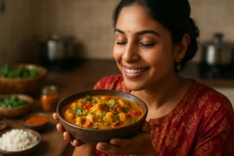 Žena drži misku s indickým jedlom a usmieva sa s radosťou.