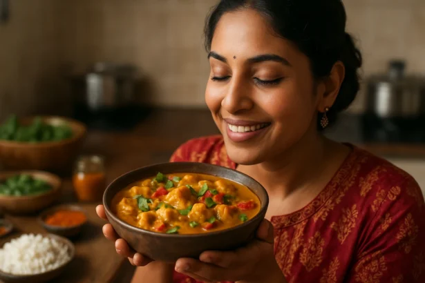Žena drži misku s indickým jedlom a usmieva sa s radosťou.