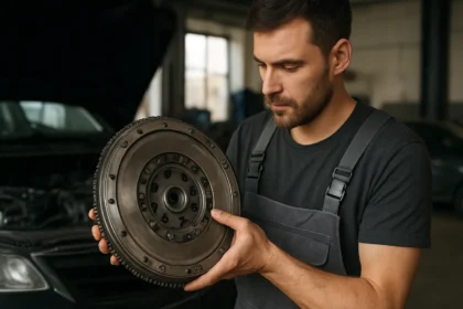 Mechanik skúma dvojhmotový zotrvačník v autoservise.