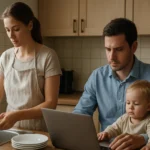 Rodina pri každodenných činnostiach - umývanie riadu a práca na počítači