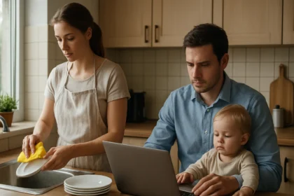 Rodina pri každodenných činnostiach - umývanie riadu a práca na počítači