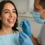 Žena s dokonalým úsmevom na zubnom vyšetrení