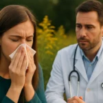 Mladá žena trpí alergiou na ambróziu pri konzultácii s lekárom.