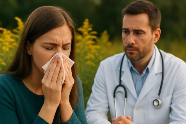 Mladá žena trpí alergiou na ambróziu pri konzultácii s lekárom.