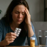 Žena s úzkosťou drží tabletku Xanax a zvažuje jej užitie.