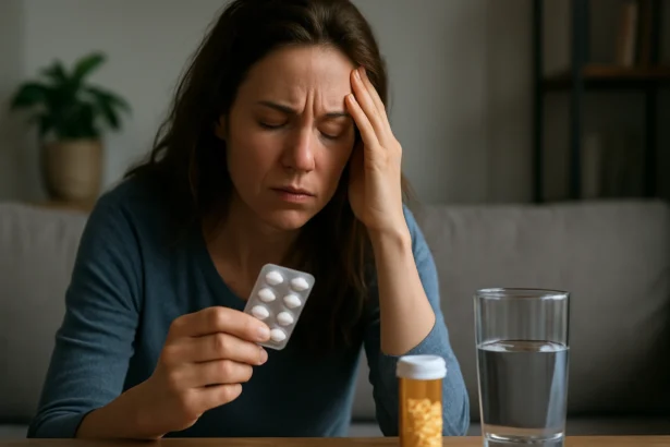 Žena s úzkosťou drží tabletku Xanax a zvažuje jej užitie.