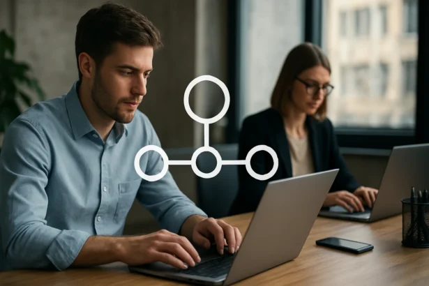 Pracovníci v kancelárii využívajúci site-to-site VPN pre bezpečnú firemnú sieť.