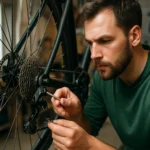 Muži nastavujú bicyklový prehadzovač pre presné radenie.