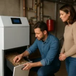 Muž kontroluje pilinový kotol s ženou v pozadí, ukazujúci ekologické vykurovanie.