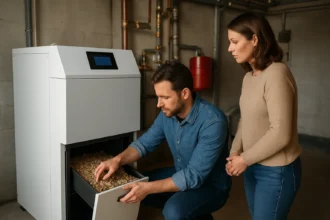 Muž kontroluje pilinový kotol s ženou v pozadí, ukazujúci ekologické vykurovanie.