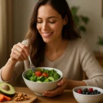 Žena si vychutnáva zdravý šalát s ovocím a zeleninou