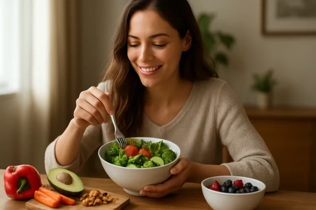Žena si vychutnáva zdravý šalát s ovocím a zeleninou