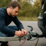 Muž montuje indikátor ťažného zariadenia na príves.