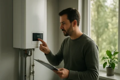 Muž nastavuje hybridný kotol na vykurovanie