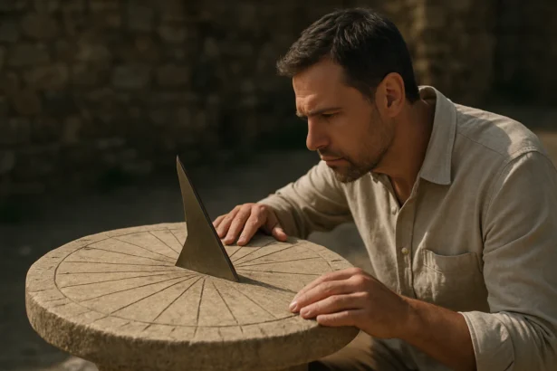 Muž skúma staroveké slnečné hodiny na kamennom podstavci.