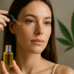 Žena aplikuje konopný olej na pleť pre jej krásu a hydratáciu.