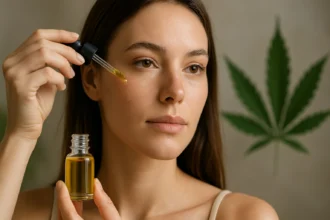 Žena aplikuje konopný olej na pleť pre jej krásu a hydratáciu.