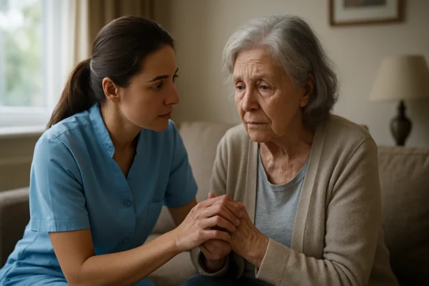 Ošetrovateľka poskytuje emocionálnu podporu staršej žene.