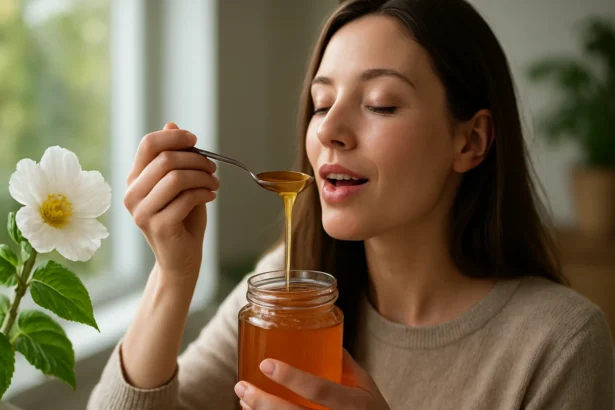 Žena ochutnáva med z hodvábneho kvetu so žiarivým úsmevom