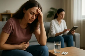 Žena s bolesťami brucha a bolesťou hlavy, druhá žena používa tablet.