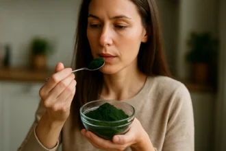 Žena pripravuje spirulinu pre svoje zdravie a energiu.