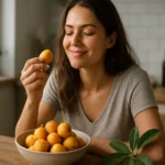 Žena si užíva chutnú mišpulu plnú vitamínov a antioxidantov.