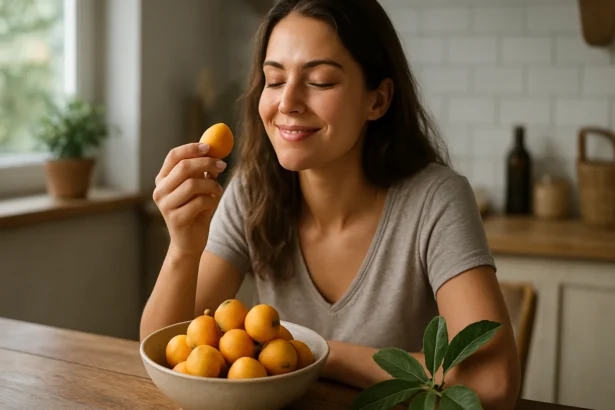 Žena si užíva chutnú mišpulu plnú vitamínov a antioxidantov.