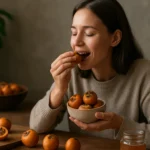 Žena si užíva mišpuľu, zdravý snack bohatý na vitamíny.