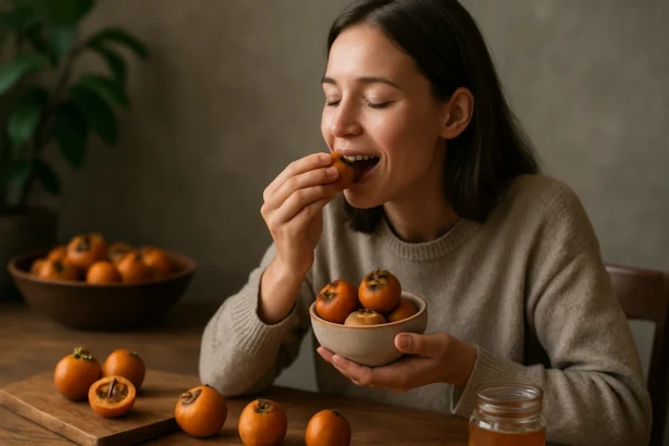 Žena si užíva mišpuľu, zdravý snack bohatý na vitamíny.