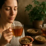 Žena vychutnáva šálku Senna čaju so zázrakmi byliny.