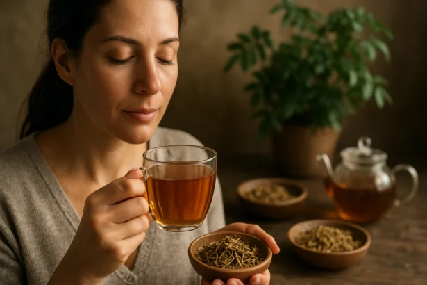 Žena vychutnáva šálku Senna čaju so zázrakmi byliny.